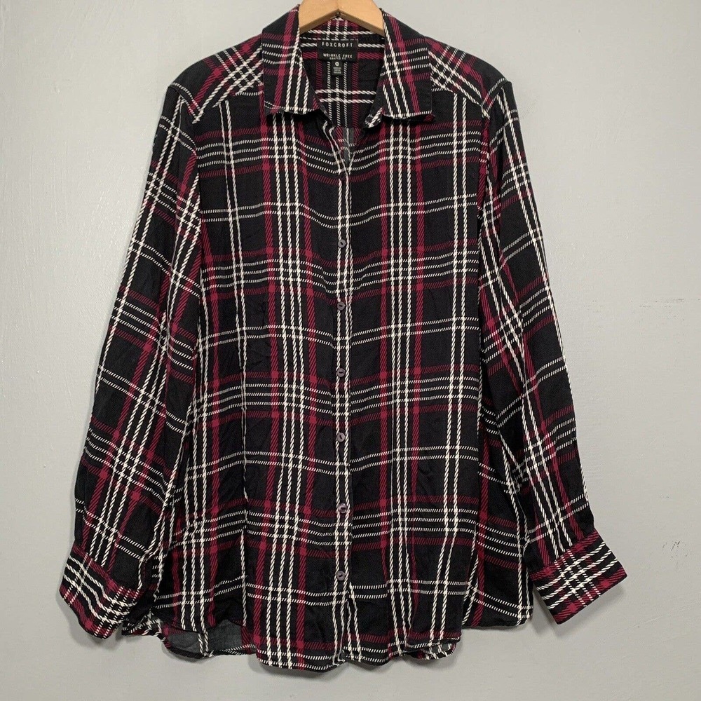 COPY - Foxcroft Plus Size 20W Black Plaid Wrinkle Free Shaped Fit Button Shirt …